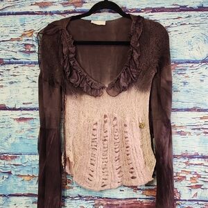 Chic Fairy Grunge Ruffled Women's Blouse in Plum and Pink